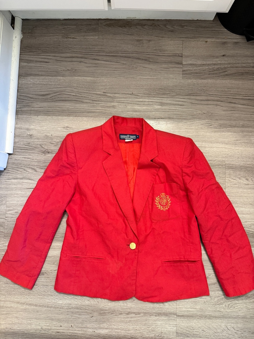 Women’s Red Single-Button Blazer with Embroidered Crest